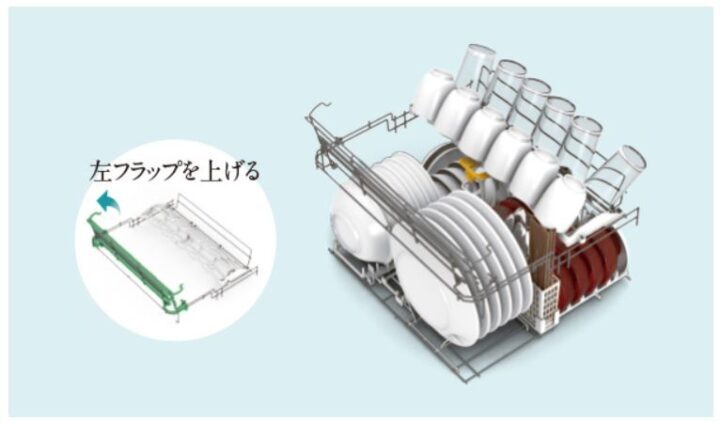 『マルチラック』をフラップアップして『分割フラップ』にコップや小鉢を置く